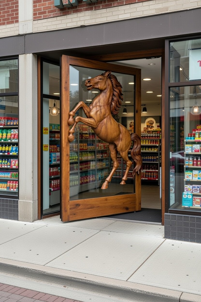 Modern commercial store entrance featuring an oversized solid wood pivot door with clear glass and a hand-carved rearing horse overlay.