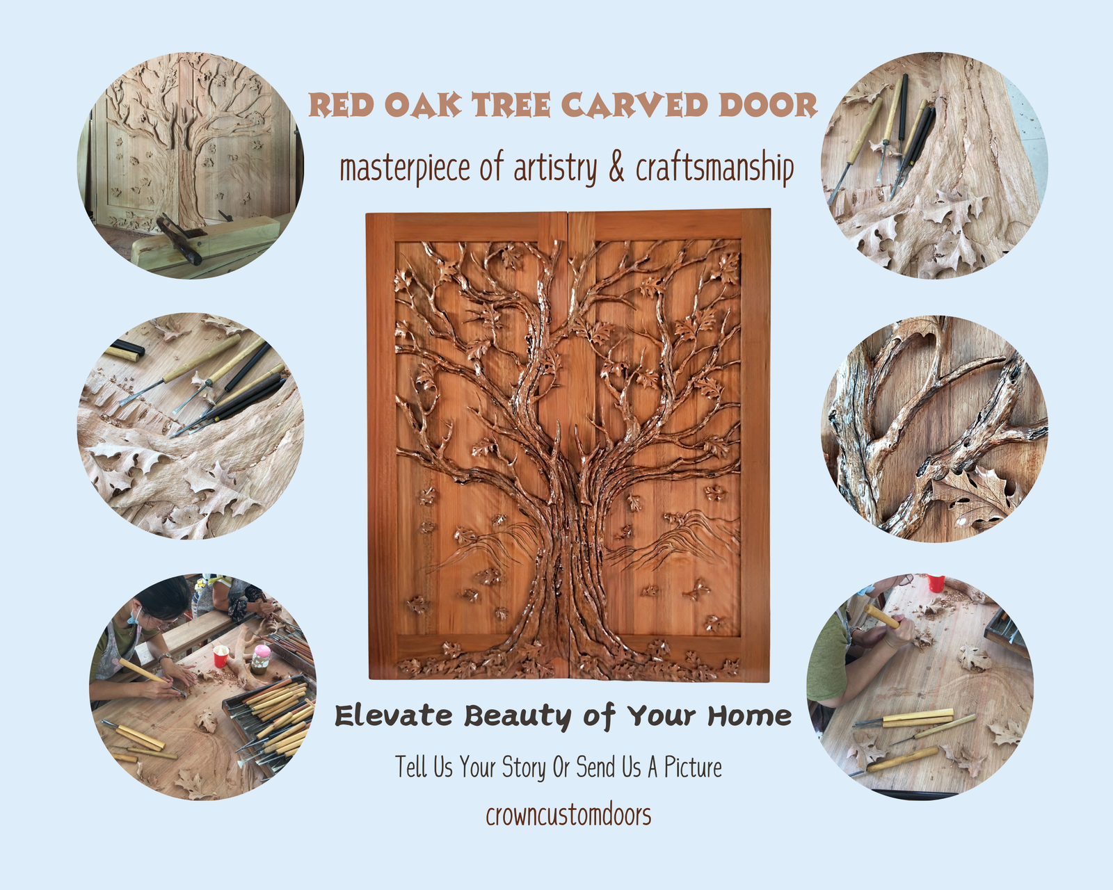 Infographic collage showing the artisan hand-carving process of the Red Oak Tree Carved Double Door, featuring artisan woodcarvers using hand chisels alongside the finished 3D relief mahogany double door by Crown Custom Doors.
