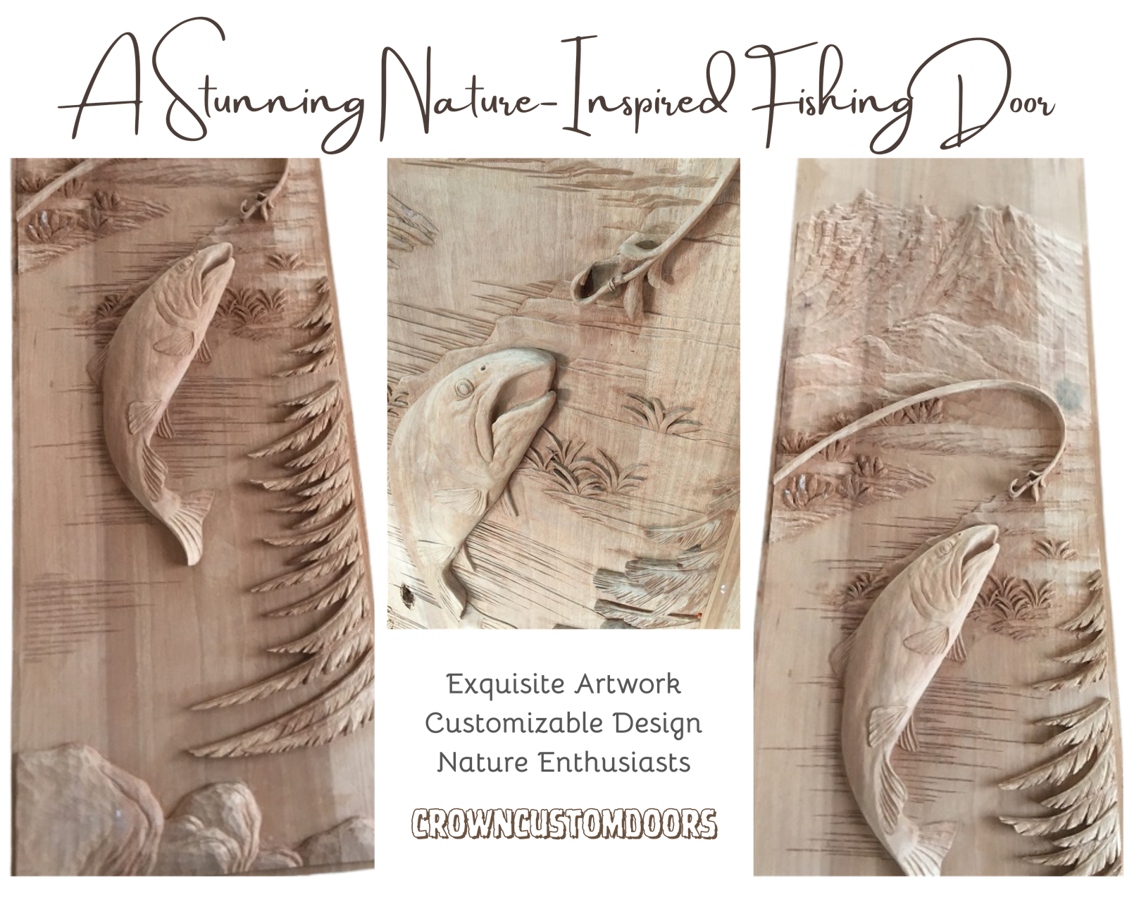Crown Custom Doors unfinished solid wood carving close-ups showcasing deep relief craftsmanship of a leaping trout, fly fishing line, pine trees, and mountain scenery.