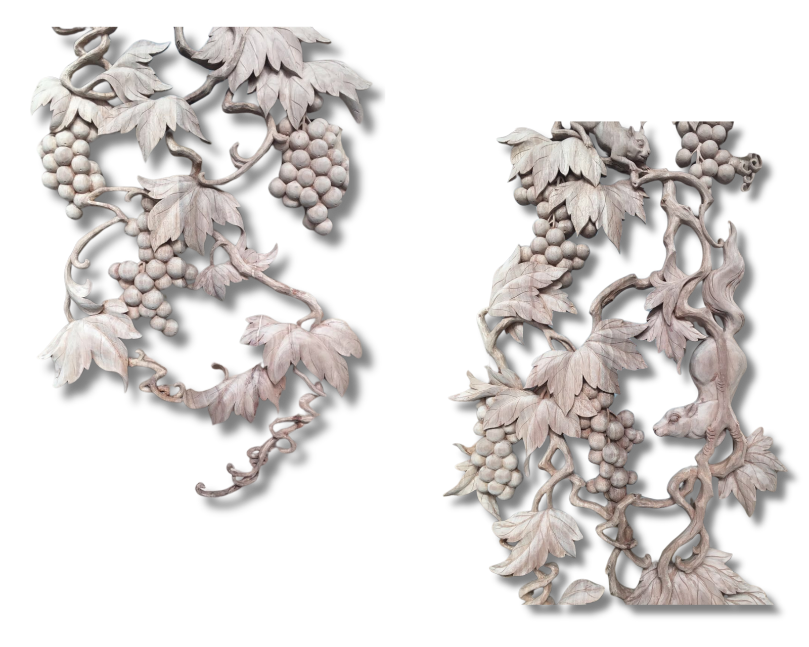 Close-up side-by-side view of raw, unfinished solid wood hand-carving featuring 3D grapevine leaves, grape clusters, and an intricate squirrel figure climbing the vine.