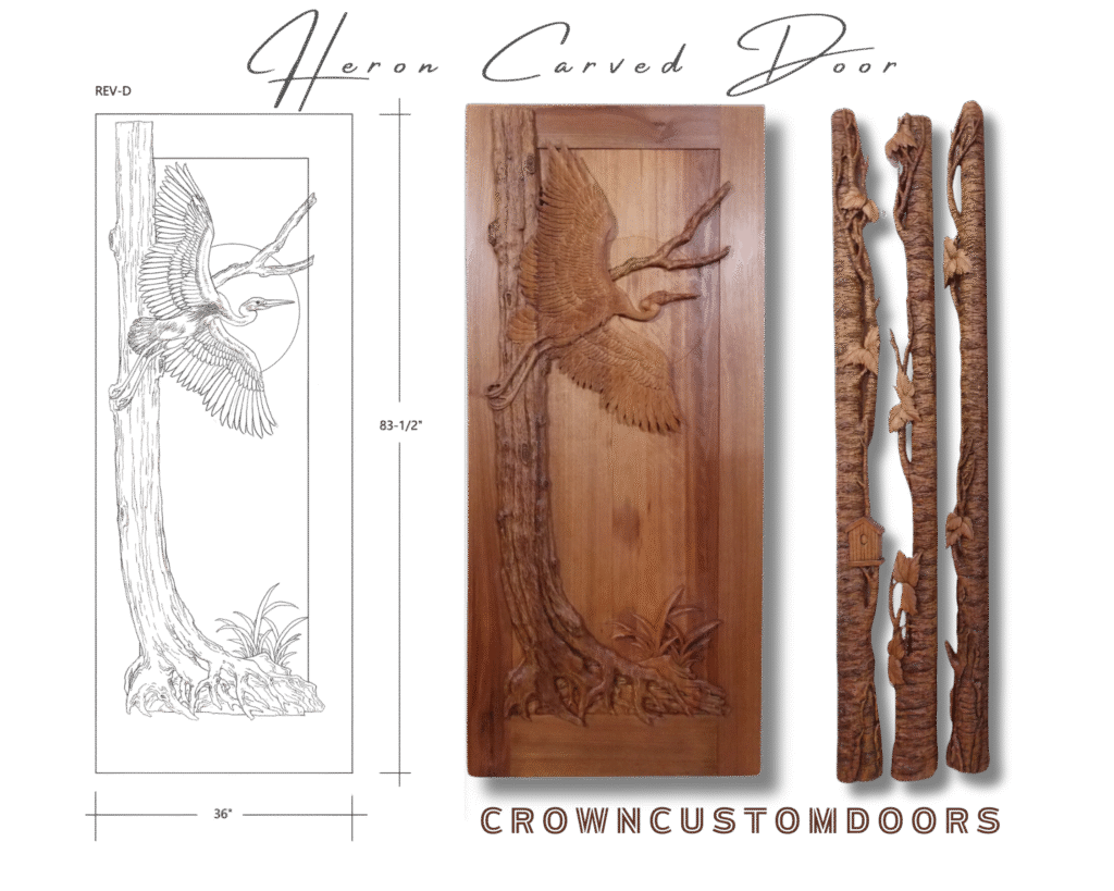 Solid wood door featuring a 3D hand-carved flying heron and cypress tree trunk, shown alongside CAD blueprints and matching carved tree-bark jamb casings with birdhouse details.