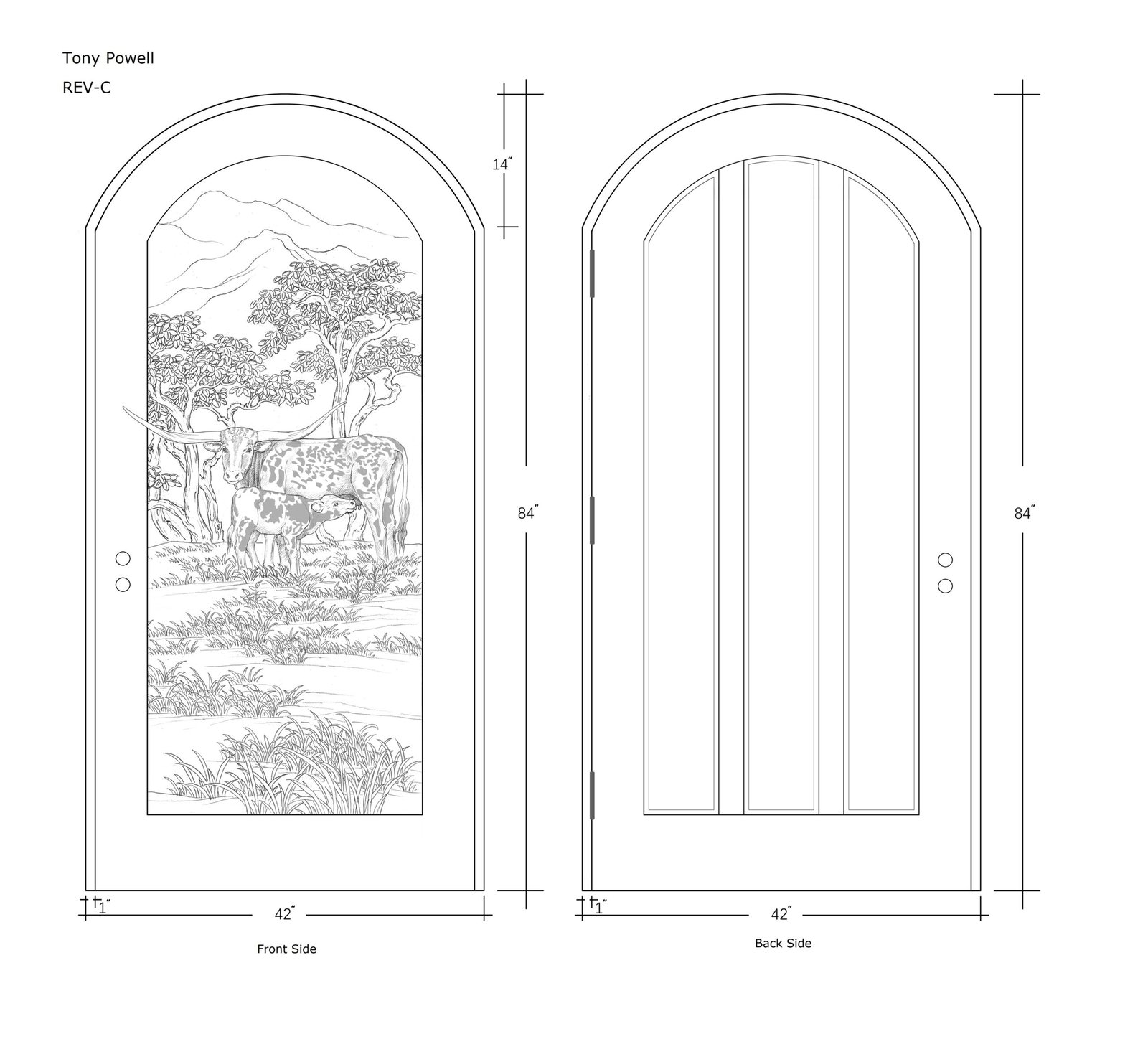 Architectural CAD line drawing blueprint showing front and back elevation measurements for a 42 by 84 inch round-top arched solid wood door with hand-carved Texas Longhorn relief for a rustic log cabin.