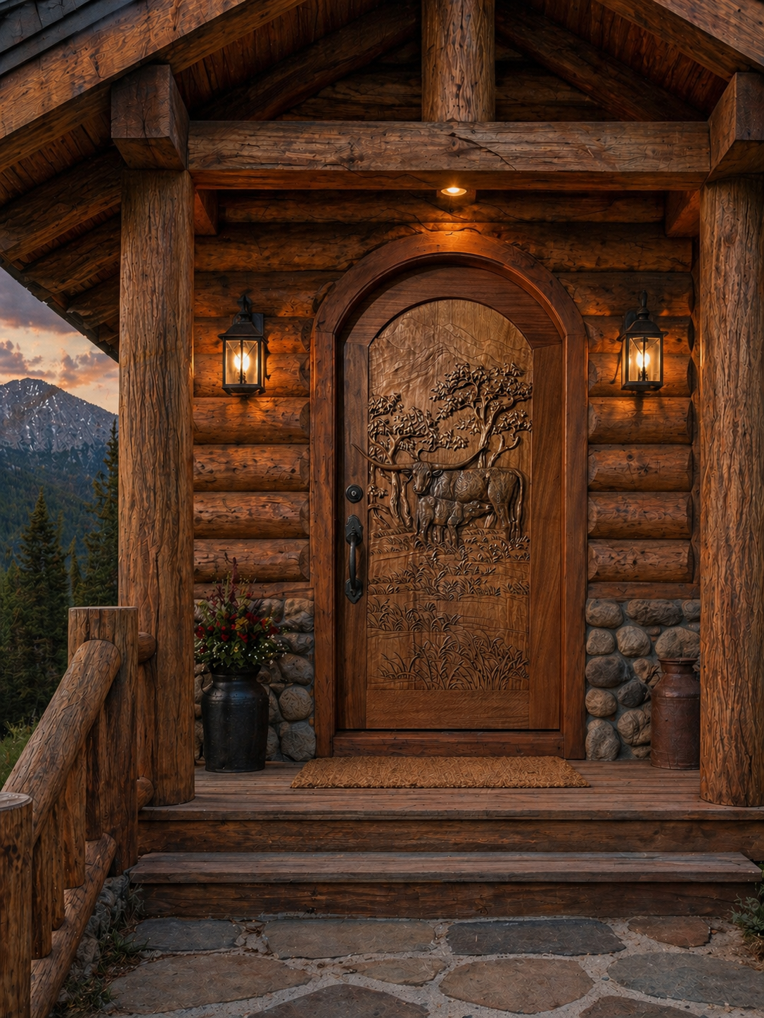 Warm evening porch view of an installed hand-carved solid wood round-top arched single entry door depicting a Texas Longhorn cow and calf, framed by heavy timber log walls, stone masonry, and lantern sconces on a mountain log cabin.