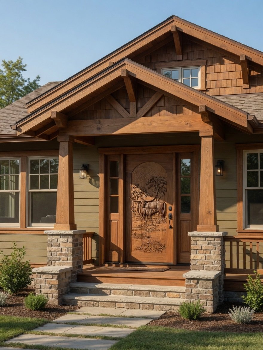 Daylight entrance porch view of an installed hand-carved solid wood round-top arched door with matching glass sidelights, set within stone pillar porch framing on a craftsman style home.