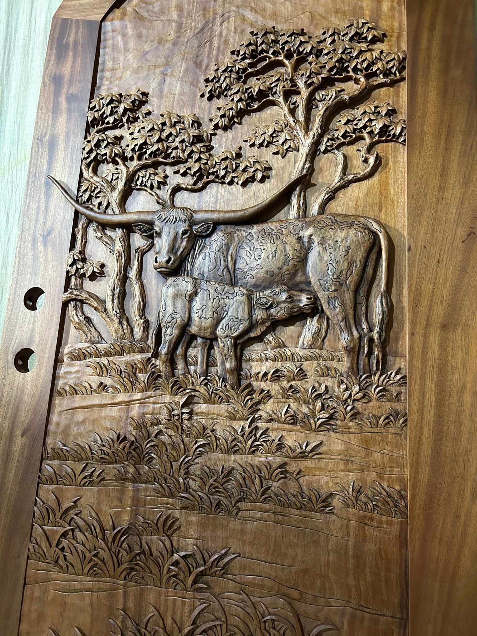 Angled close-up of a fully carved and rich warm stained solid wood arched entry door panel, depicting a Texas Longhorn cow with calf under oak trees, showcasing rich natural wood grain for a Texas ranch home.