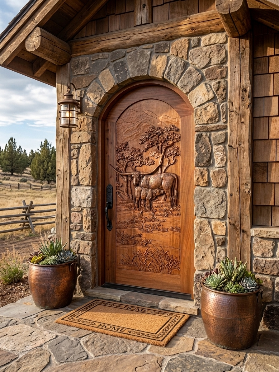Exterior entryway view of an installed hand-carved solid wood round-top arched single entry door featuring a Texas Longhorn cow and calf relief design, framed by natural stone archwork on a rustic log home.