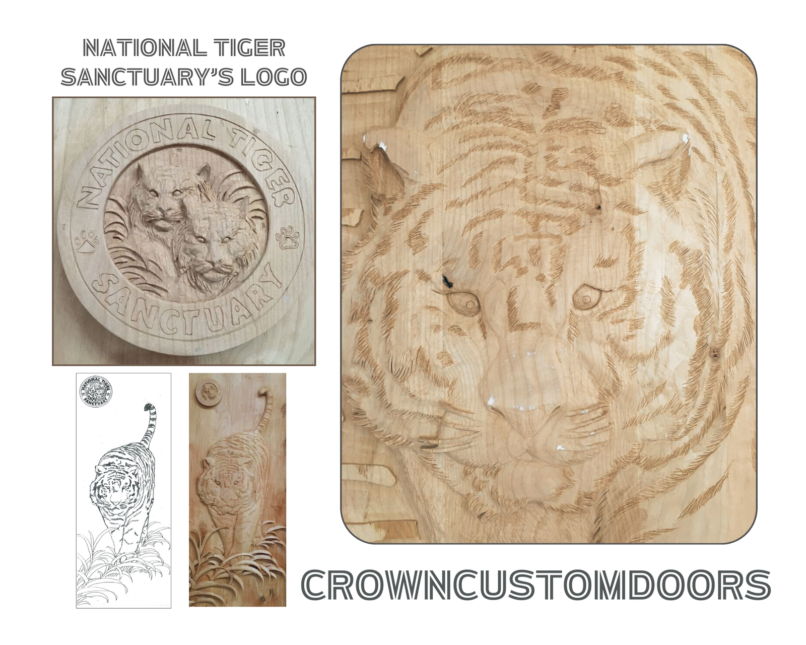 In-progress handcrafted wood carving details of a tiger face and the official National Tiger Sanctuary logo seal, showing raw timber craftsmanship by Crown Custom Doors.