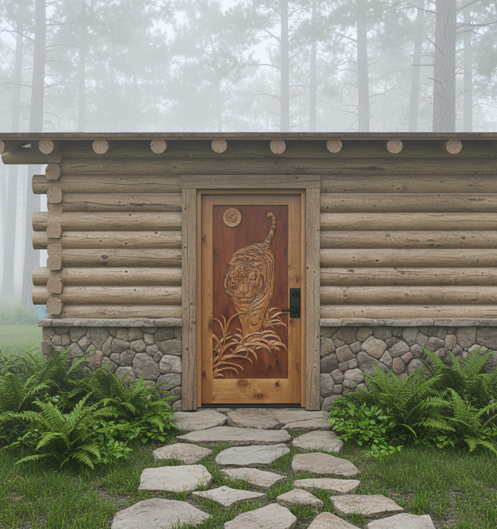 Custom handcrafted solid wood front entry door featuring a 3D relief carved tiger installed on a rustic mountain log cabin with stone accents and misty forest surroundings.