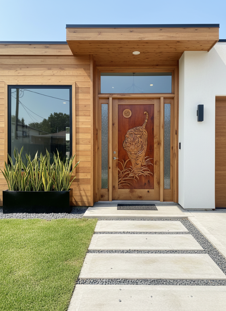 Custom handcrafted solid wood front entry door featuring a 3D relief carved tiger with frosted glass sidelights and transom, installed on a contemporary home with warm wood siding, white stucco, and a stepping stone pathway.