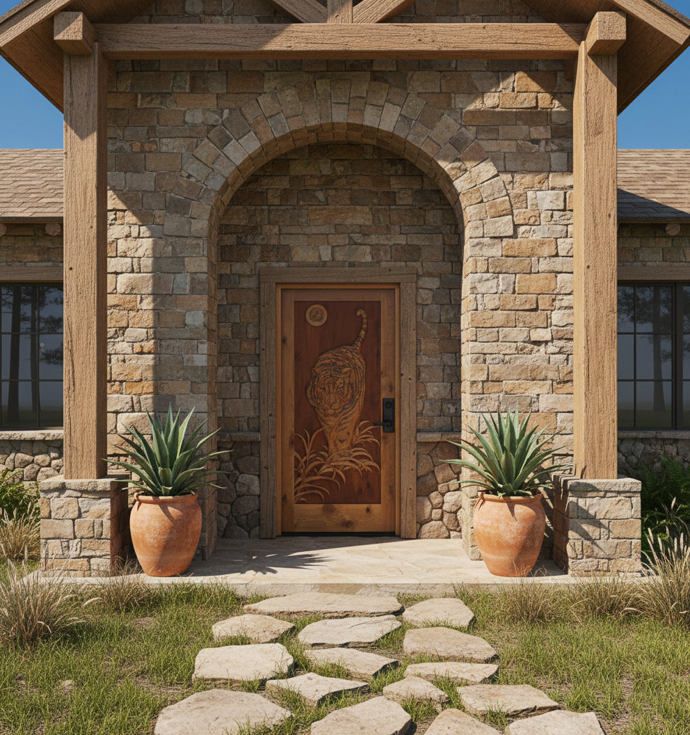 Custom handcrafted solid wood front entry door featuring a detailed 3D relief carved tiger installed on a stone Texas Hill Country ranch home with an arched entry porch, terracotta potted plants, and heavy timber beams.