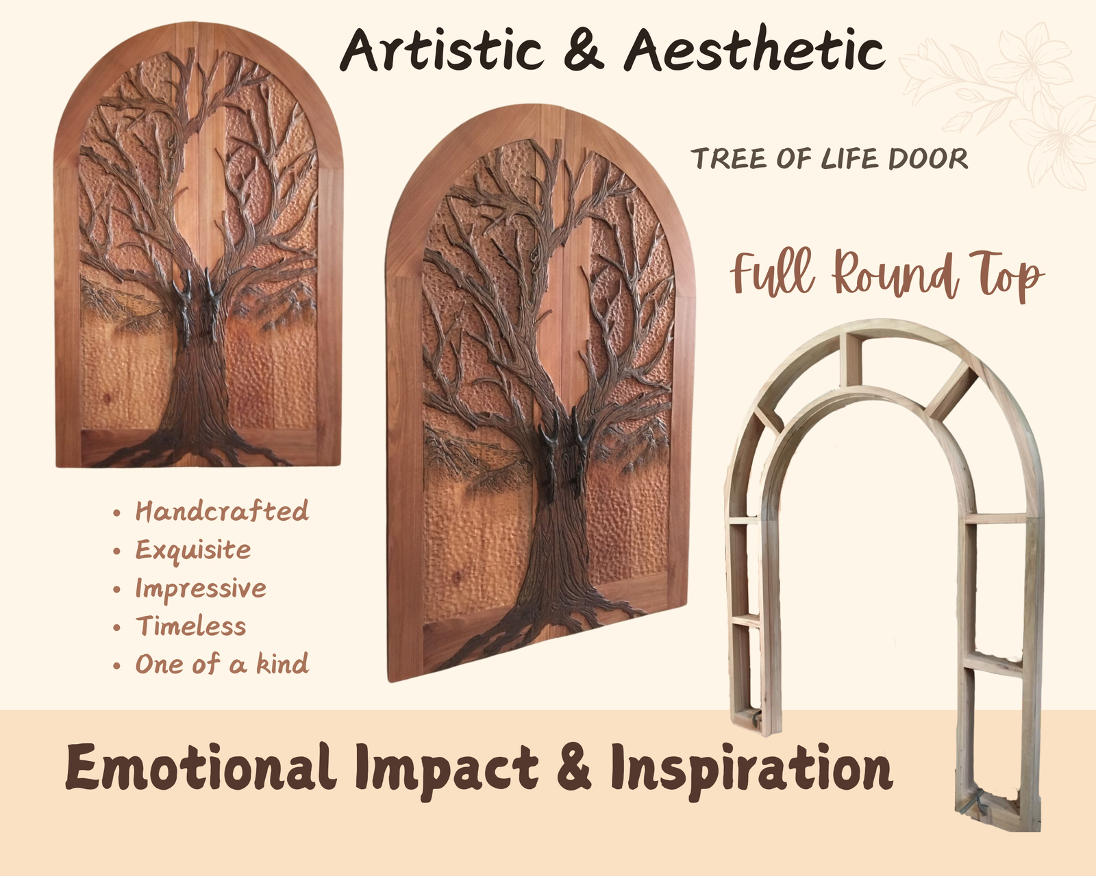 Artistic product display of custom Tree of Life hand-carved solid wood arched double entry doors alongside an un-assembled full round top transom and sidelight wooden frame by Crown Custom Doors.