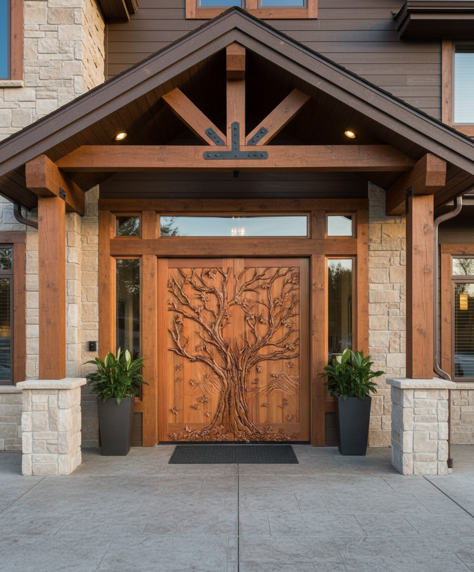 Custom handcrafted solid wood double entry door featuring a 3D relief carved tree of life motif with surrounding glass sidelights and transom, installed on a luxury mountain resort lodge hotel entrance with timber posts and stone pillars.