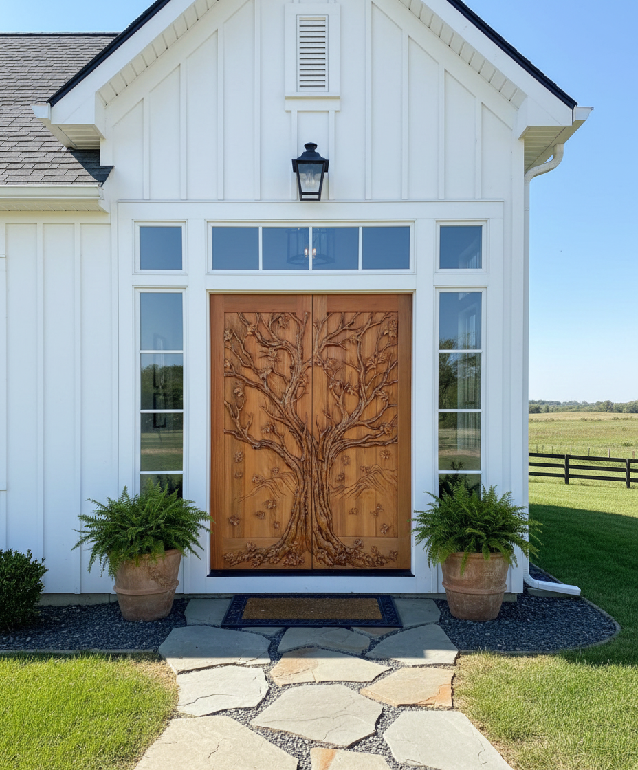 Custom handcrafted solid wood double entry door featuring a continuous 3D relief carved tree of life motif with white grid sidelights and transom, installed on a modern farmhouse home with board and batten siding.