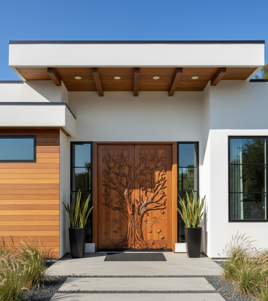 Custom handcrafted solid wood double entry door featuring a continuous 3D relief carved tree of life motif with glass sidelights, installed on a modern contemporary home with white stucco, wood siding, and snake plants in black planters.