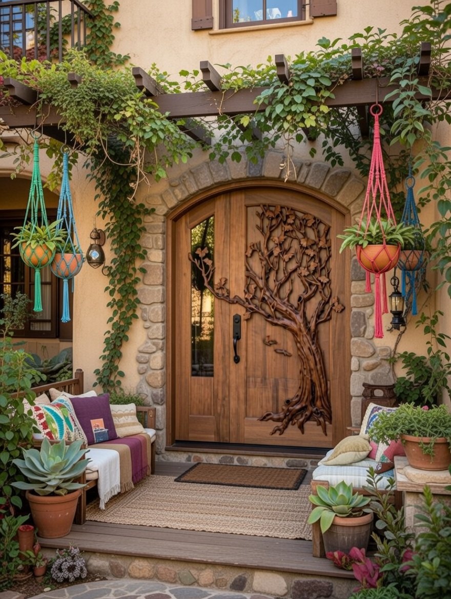 Warm entryway patio view of an installed hand-carved solid wood arched door featuring a relief tree design extending onto the sidelight glass, set on a bohemian home with macrame planters and stone archway.