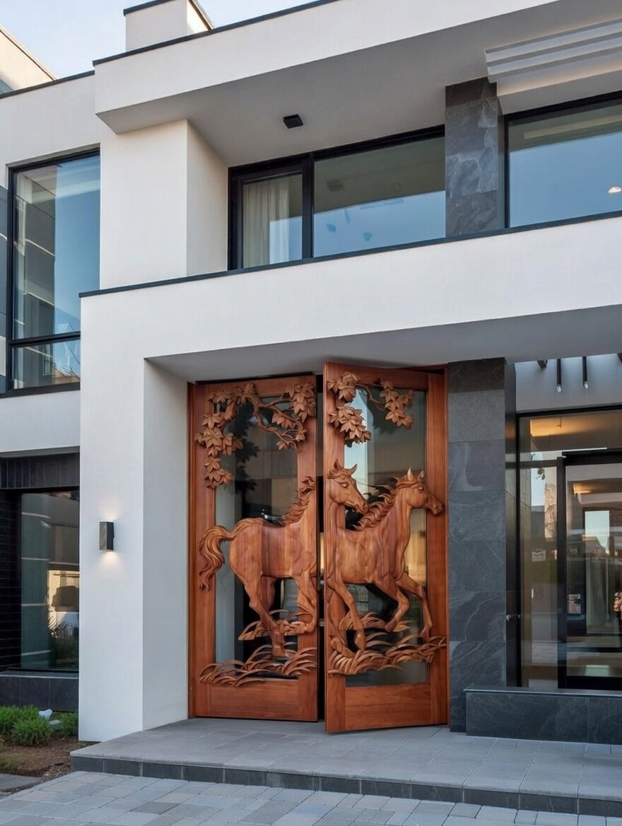 Modern white and slate home entry with a open solid wood double door featuring two hand-carved running horses over glass panels.