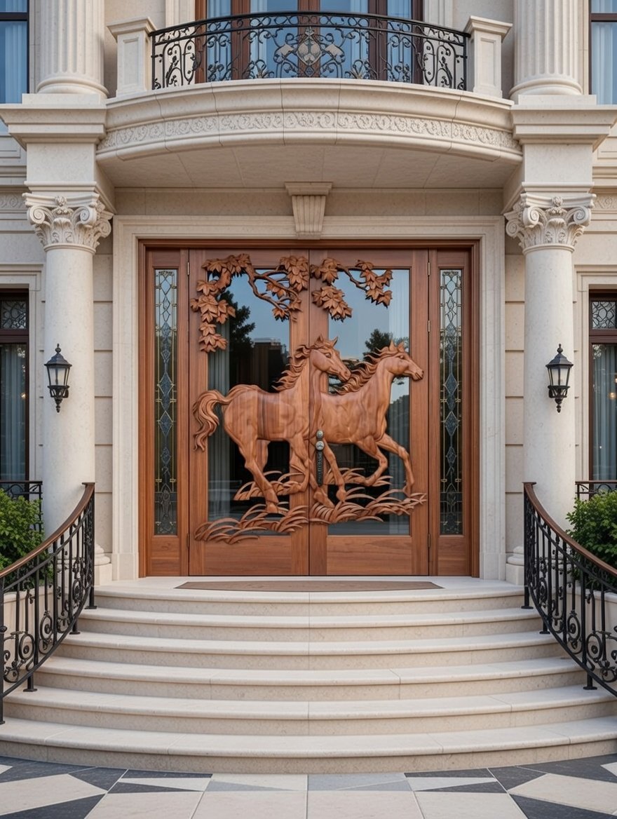 Neoclassical mansion entrance with a hand-carved solid wood double door, decorative glass sidelights, and a running horses motif.