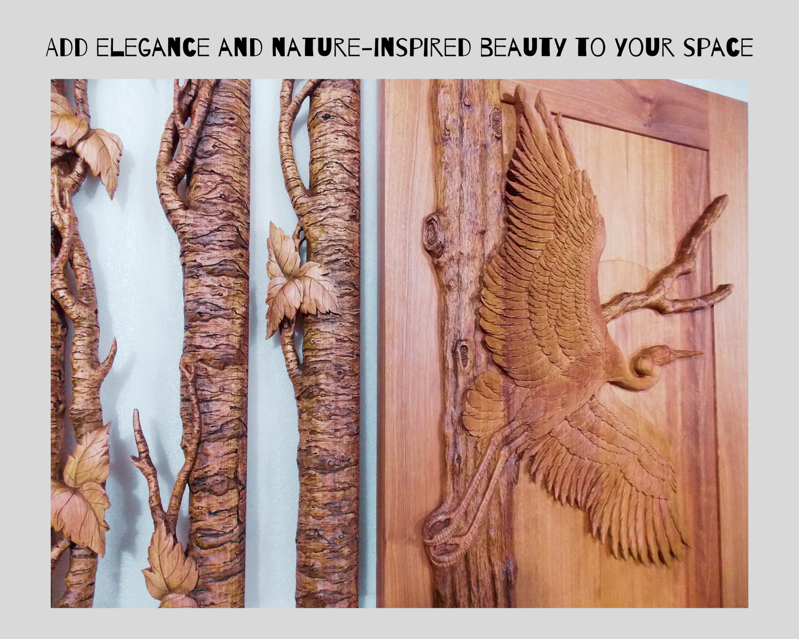 Side-by-side view showing detailed 3D hand-carved tree bark door casing with leaves alongside a solid wood door featuring a high-relief flying heron.