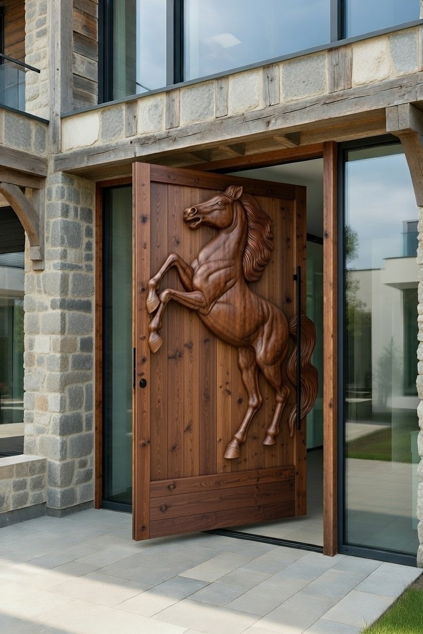 Large hand-carved white oak pivot door featuring a dramatic high-relief rearing horse, shown partially open in a contemporary stone and glass modern home entrance by Crown Custom Doors