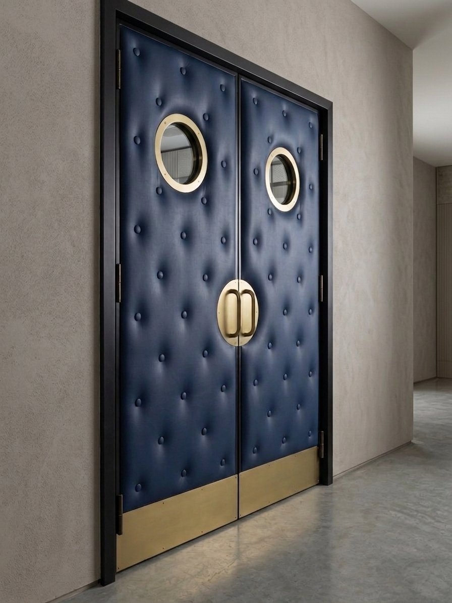 Angled perspective view of custom navy blue button-tufted leather home theater double doors installed in a modern hallway with brass porthole windows, brass kick plates, and dark wooden jambs by Crown Custom Doors.