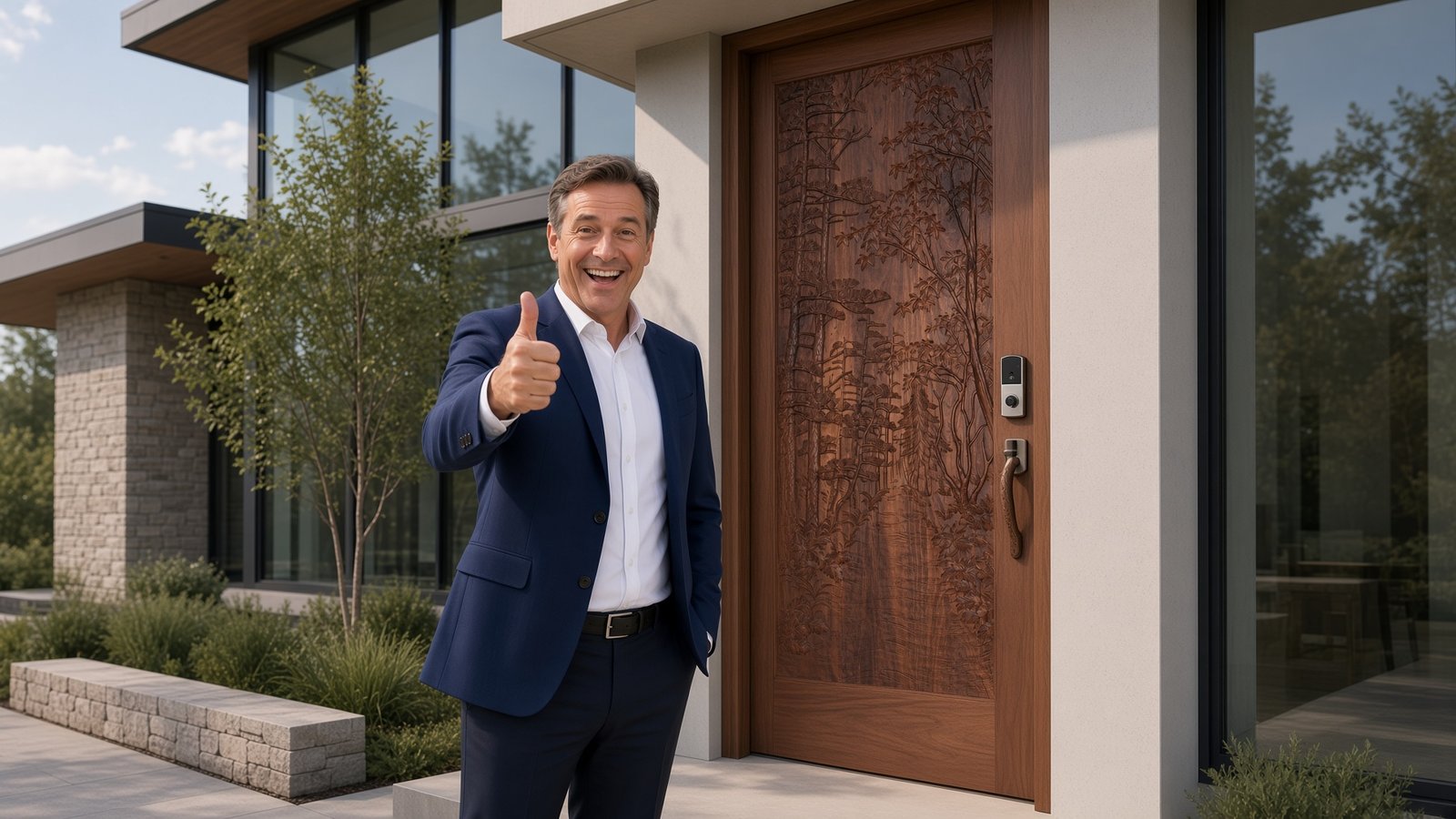 A genuinely satisfied middle-aged male homeowner, dressed in a sharp navy blazer, smiles broadly while giving a firm thumbs-up. He stands proudly beside his newly installed Crown Custom Doors single entry door—a masterpiece in solid walnut featuring a high-relief hand-carving of a pine tree forest. A sleek smart lock and custom-carved log-style wood handle complete the look on a modern luxury home with concrete and dark metal siding.