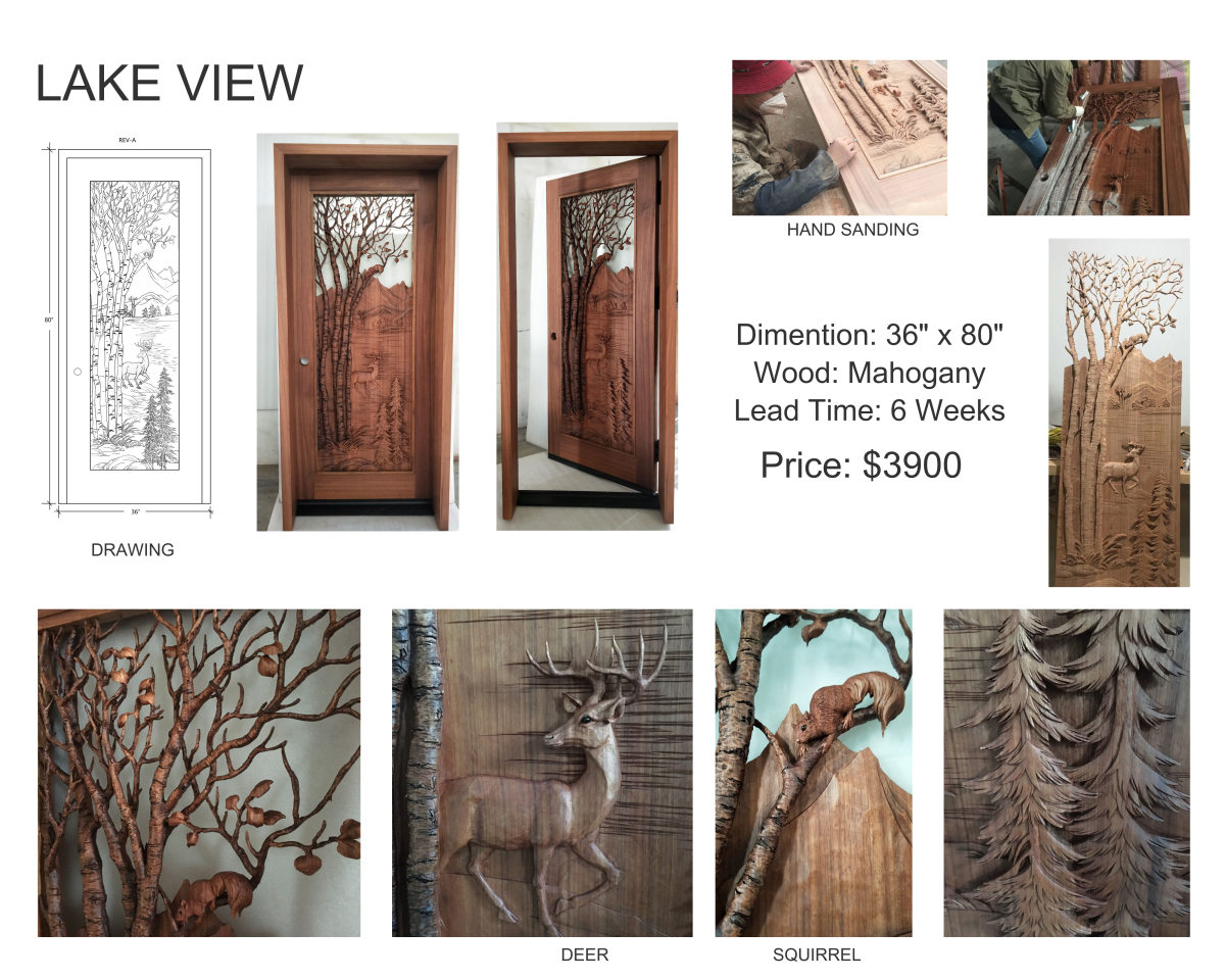 Lake View hand-carved solid mahogany custom entry door (36" x 80") featuring detailed wildlife scene with deer, squirrel, birch trees, pine trees, lake, mountains and cabin; includes design drawing, finished door photos, hand-sanding process, carving close-ups of branches, deer, squirrel and pines; priced at $3900 with 6-week lead time from Crown Custom Doors
