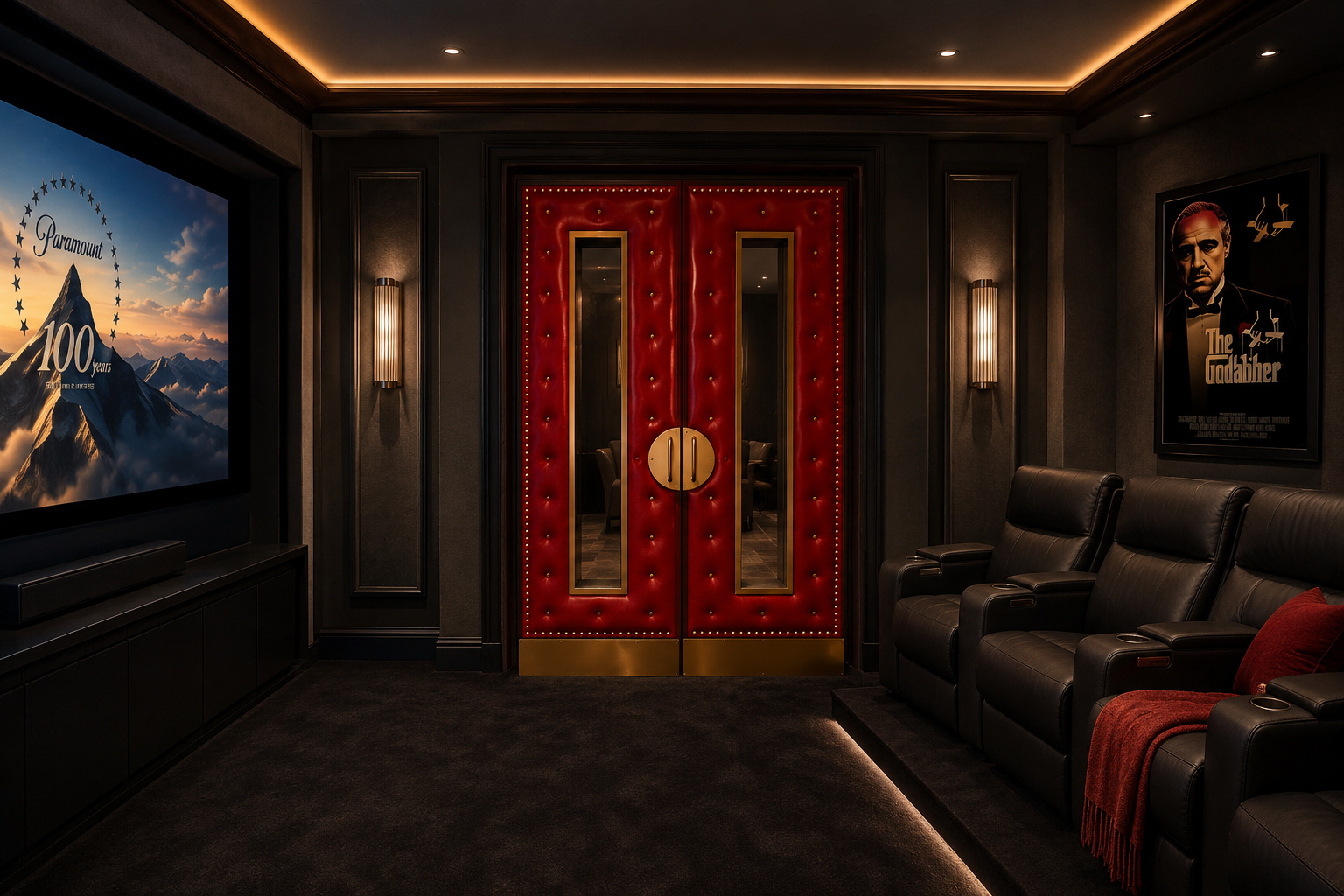 Custom red leather tufted acoustic double doors with brass accents installed inside a luxury private home theater featuring dark wood wall paneling, leather recliner seating, ambient sconce lighting, and a large projection screen.