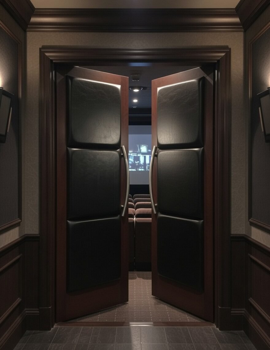 Slightly open solid mahogany double doors featuring three large black vinyl upholstered cushion panels and curved stainless steel handles, installed at the entrance of a dark luxury home cinema room.