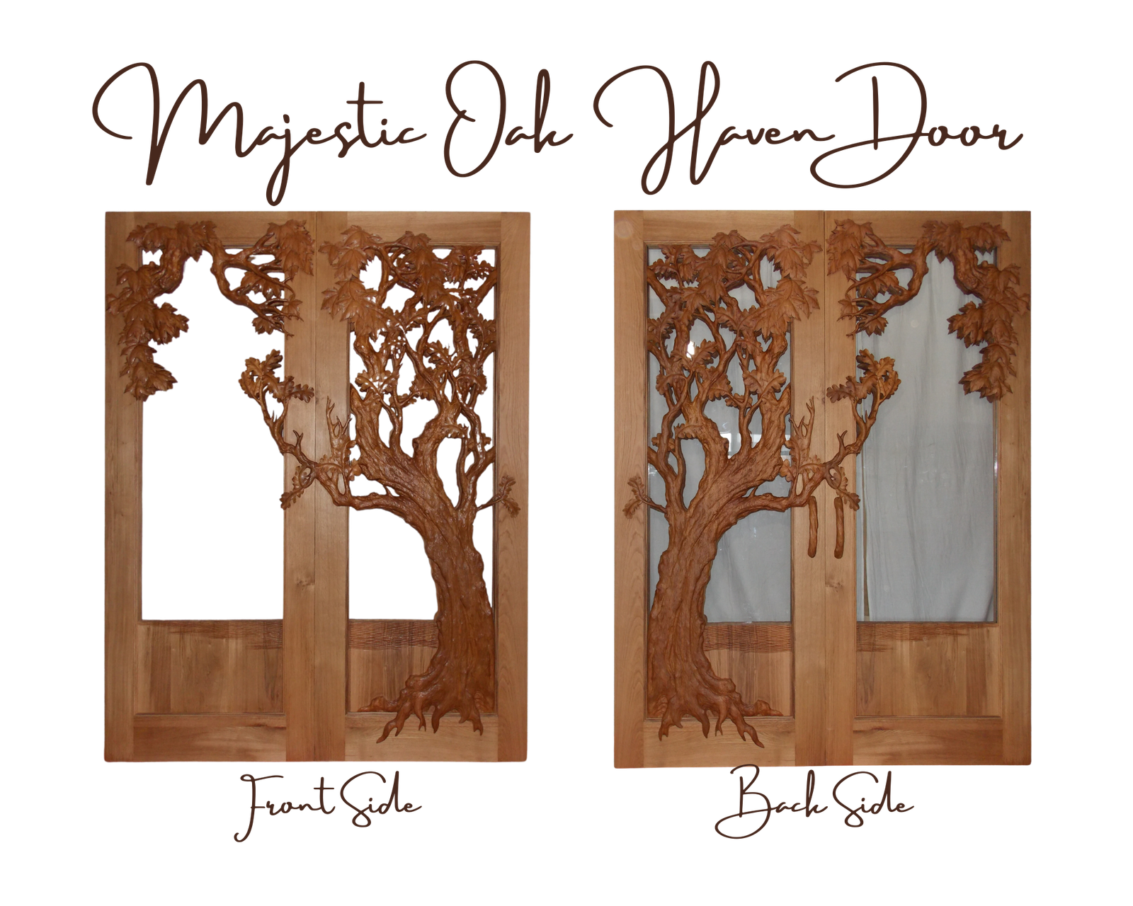 Studio display on a black background showing both the front exterior side and back interior side of the Majestic Oak Haven solid white oak double entry doors, featuring continuous hand-carved oak tree artwork and glass panels.