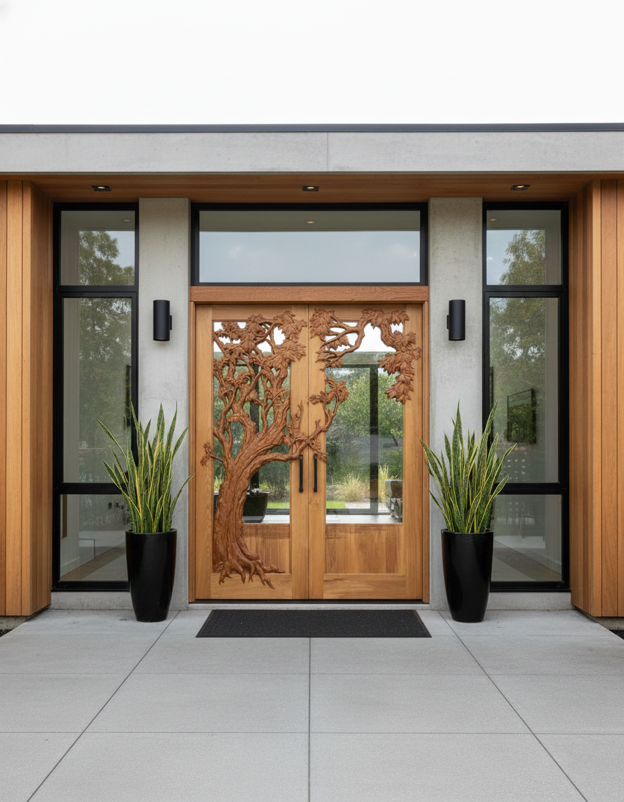 Exterior porch shot of the Majestic Oak Haven installed solid wood double entry doors with a 3D hand-carved oak tree spreading across clear glass inserts, framed by large glass sidelights, a transom window, snake plants in black planters, and modern concrete walling.