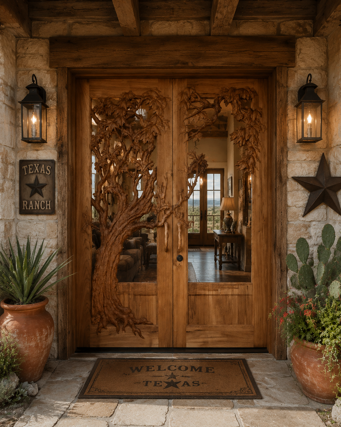 Warm porch view of the Majestic Oak Haven installed solid wood double entry doors with a 3D hand-carved oak tree over glass inserts, set in a stone entryway on a Texas ranch with lantern sconces and agave potted plants.