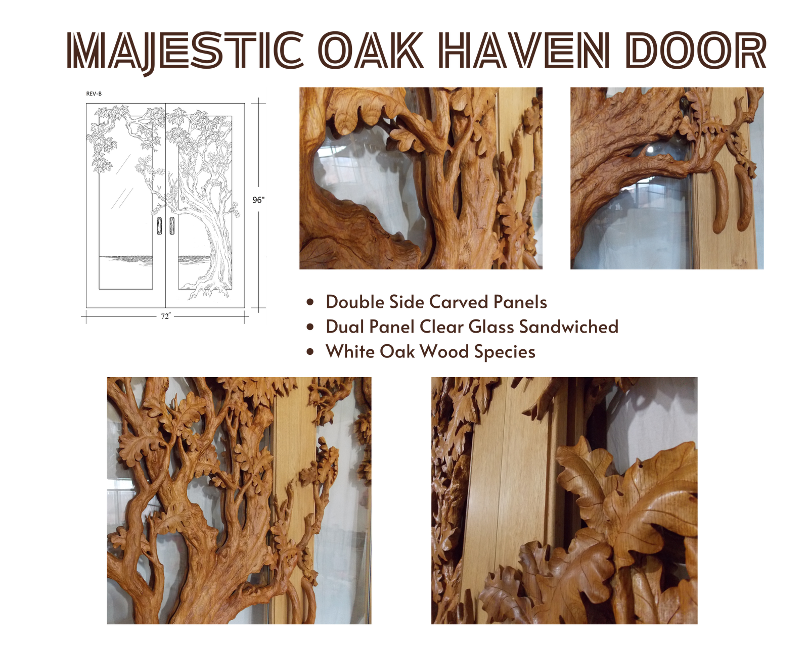 Product presentation display board for the Majestic Oak Haven double entry doors, showing 72x96 inch CAD schematics, high-relief oak leaf and tree carving close-ups, and core specifications on a black background.