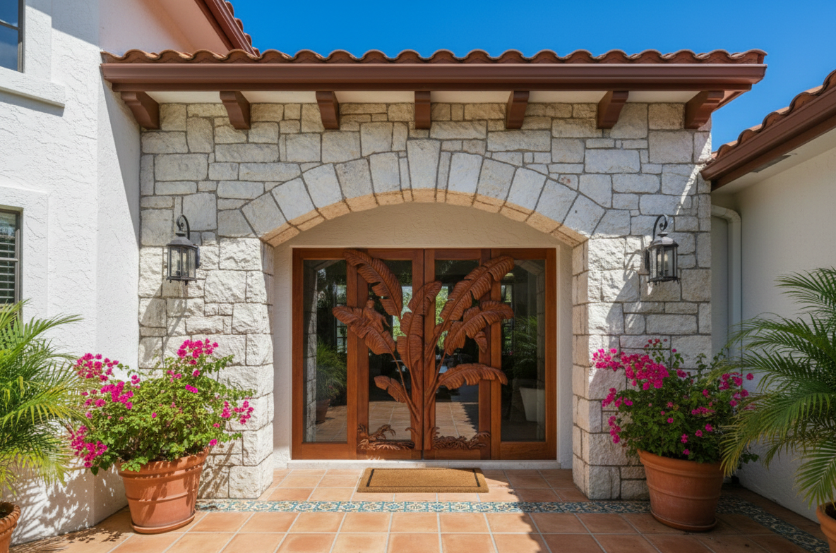Crown Custom Doors hand-carved solid wood tropical banana leaf and monkey double doors installed under a stone archway on a Mediterranean Revival style luxury home.