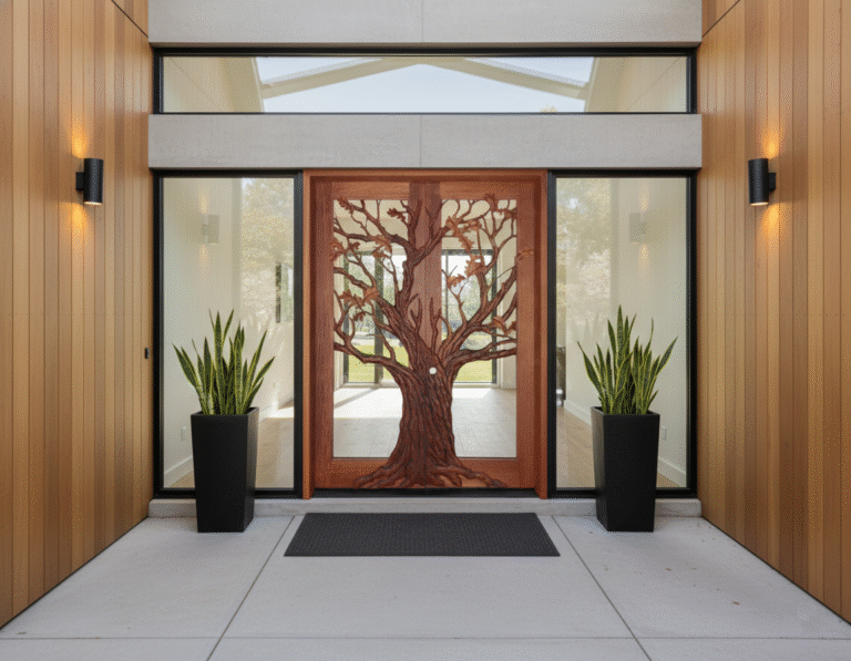 Modern luxury home entryway featuring hand-carved solid wood oak tree double doors with floor-to-ceiling side glass panels, transom windows, and vertical wood siding.