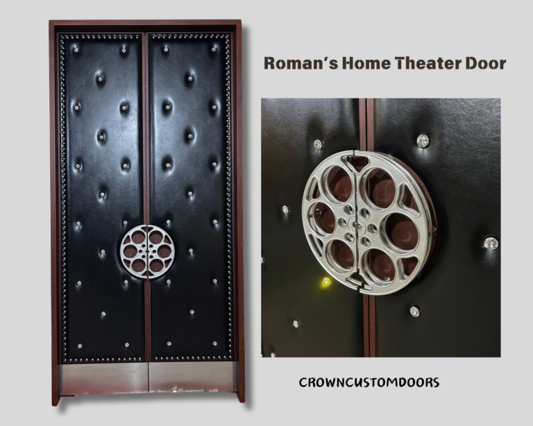 Modern luxury acoustic home theater double doors upholstered in black leather with diamond tufting, crystal buttons, silver nailhead trim, a film reel pull handle, and stainless steel kick plates.