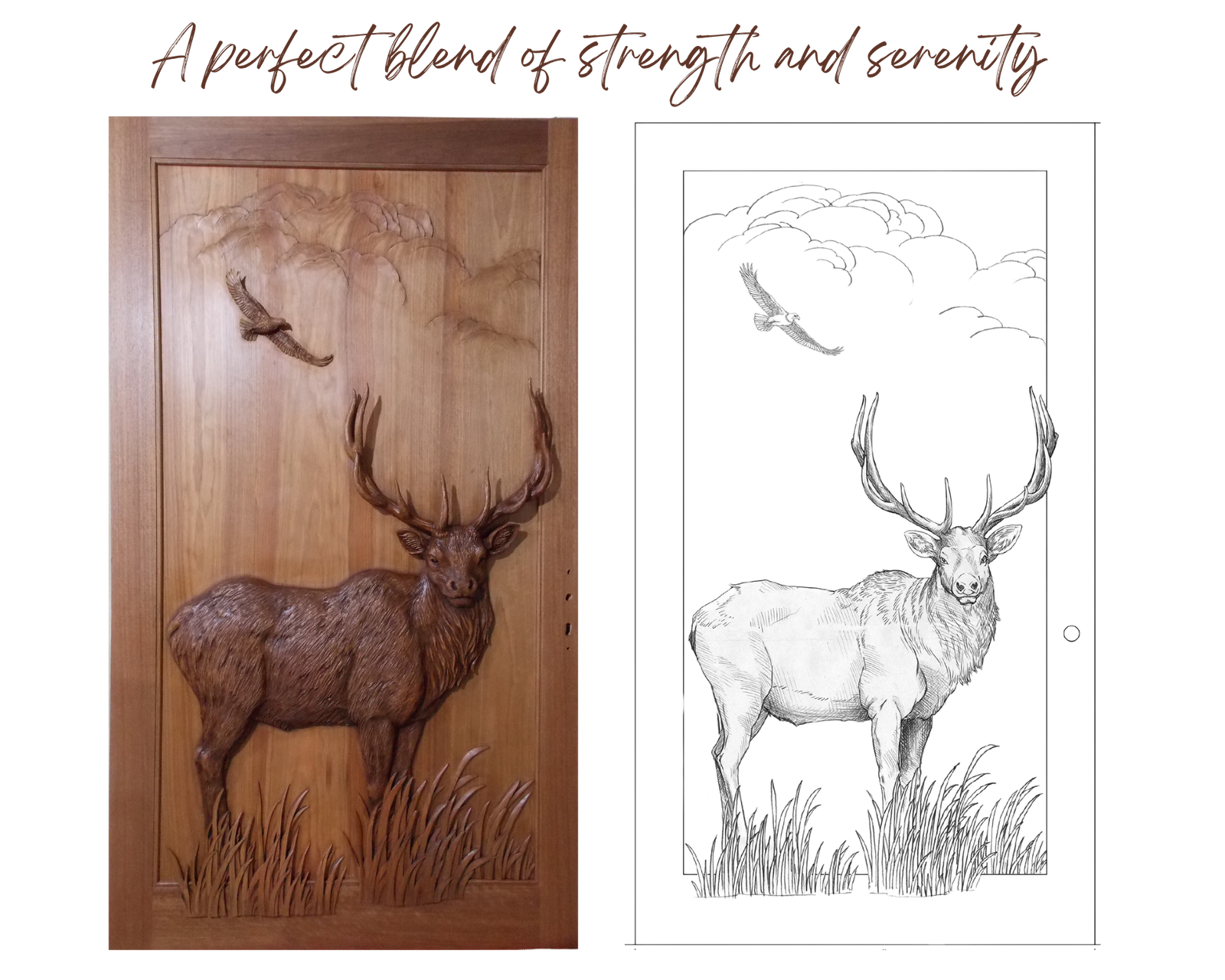 Side-by-side design evolution comparison showing an architectural CAD line drawing schematic on the right next to the completed solid wood entry door featuring a high-relief hand-carved elk and soaring eagle on the left.