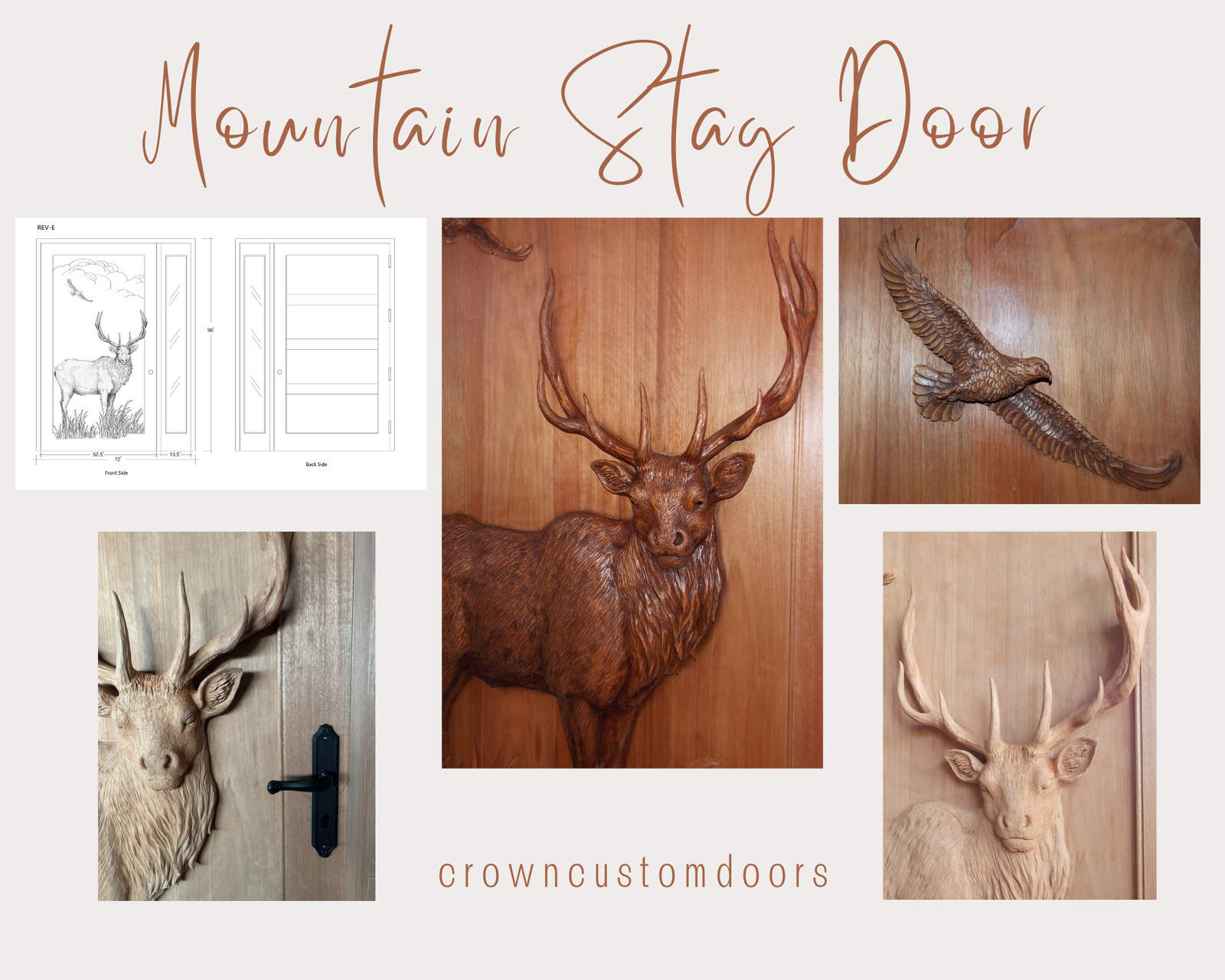 Product display layout for the Mountain Stag solid wood entry door, featuring CAD architectural schematics alongside close-up carving details of the elk antlers, head, soaring eagle, and door handle hardware.