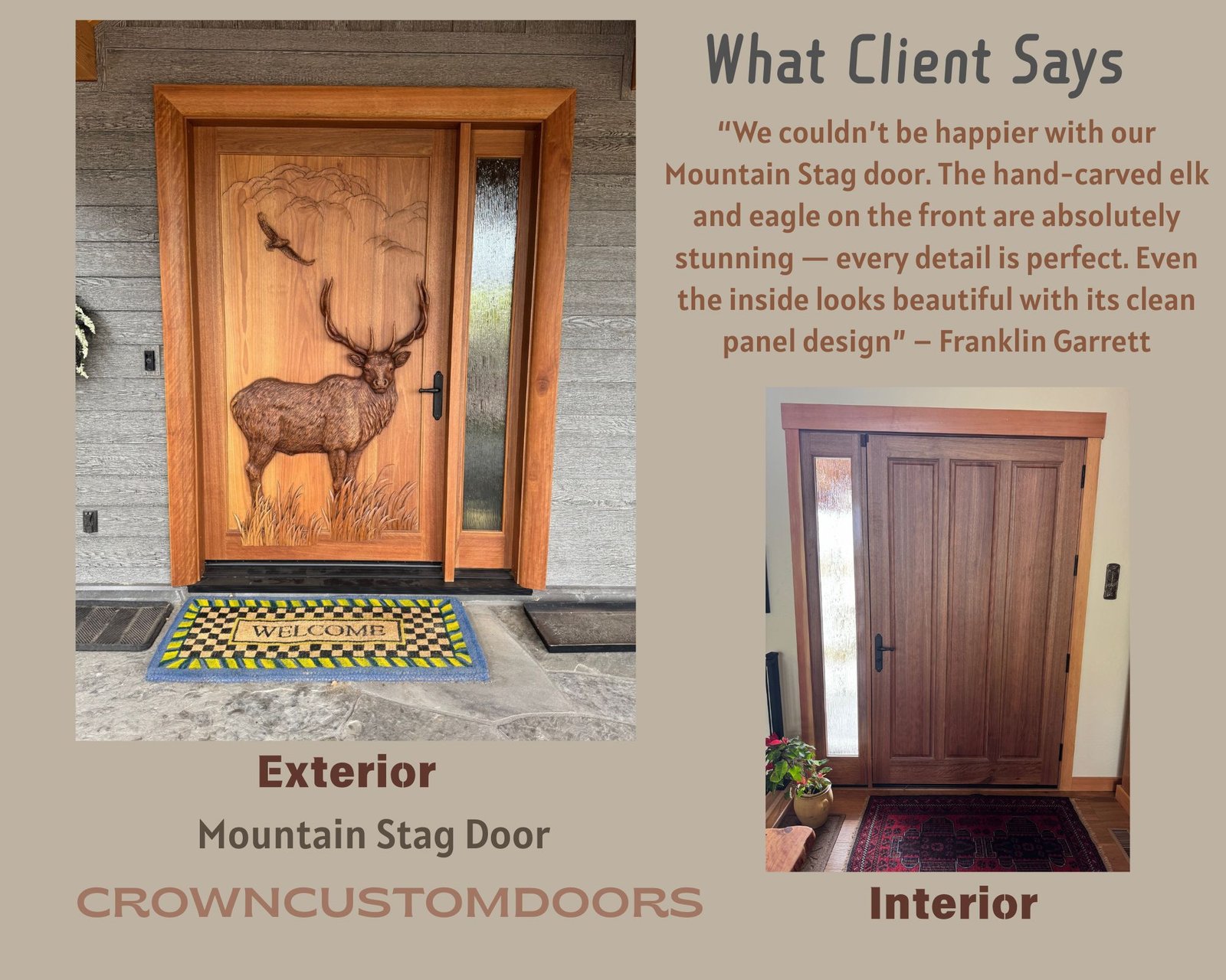 Installed product display and client testimonial board showing the exterior view of the Mountain Stag solid wood entry door with a carved elk and matching sidelight, alongside an interior shot of the clean wood panel back.