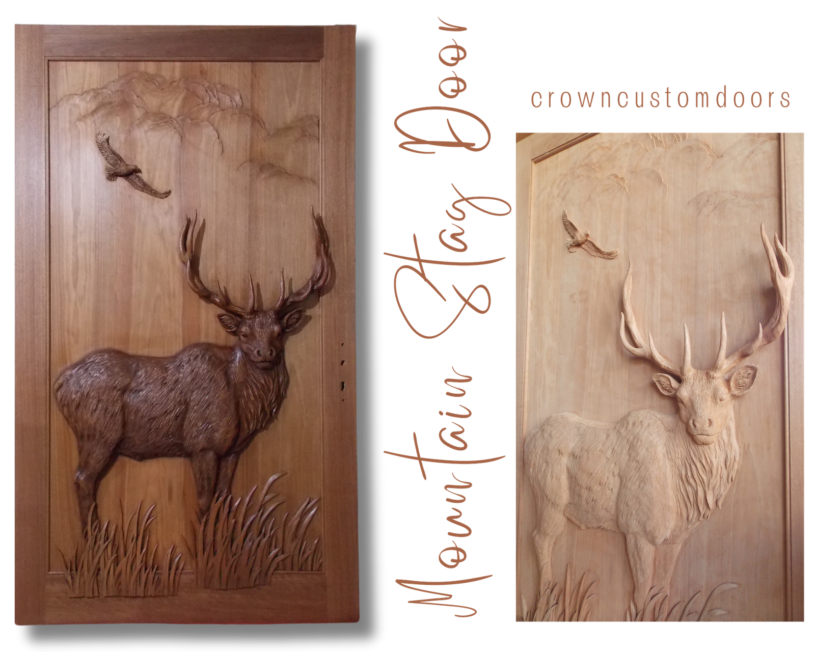 Side-by-side product display for the Mountain Stag solid wood entry door, showing the fully finished, richly stained door on the left next to a raw, natural wood carving stage comparison on the right.