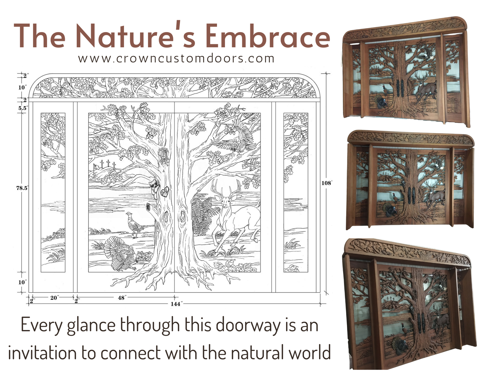 Product presentation layout showing the CAD dimensional blueprint drawing of The Nature's Embrace hand-carved solid wood double entry doors with sidelights and header alongside three perspective views of the completed door unit.