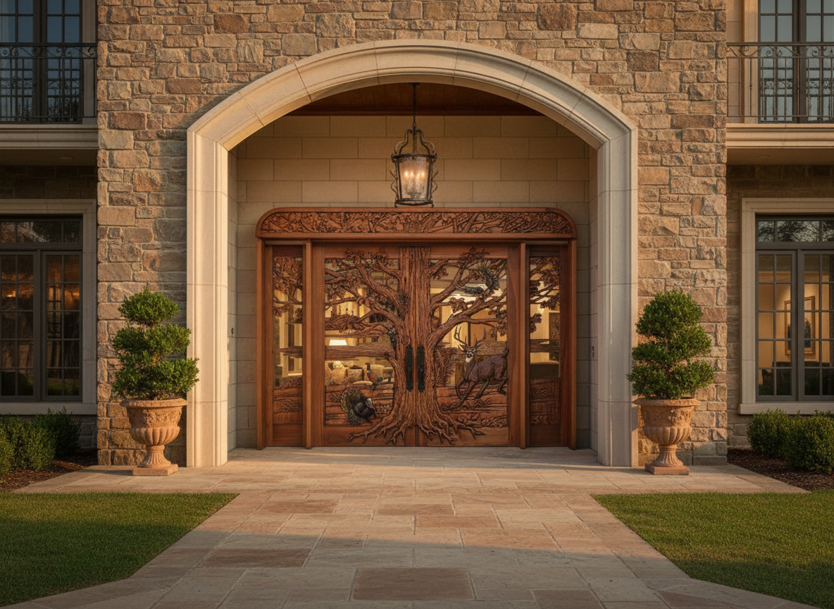 Exterior view of a luxury stone villa entryway featuring The Nature's Embrace hand-carved solid wood double doors with matching sidelights and header, framed under a large stone archway with warm ambient lighting.