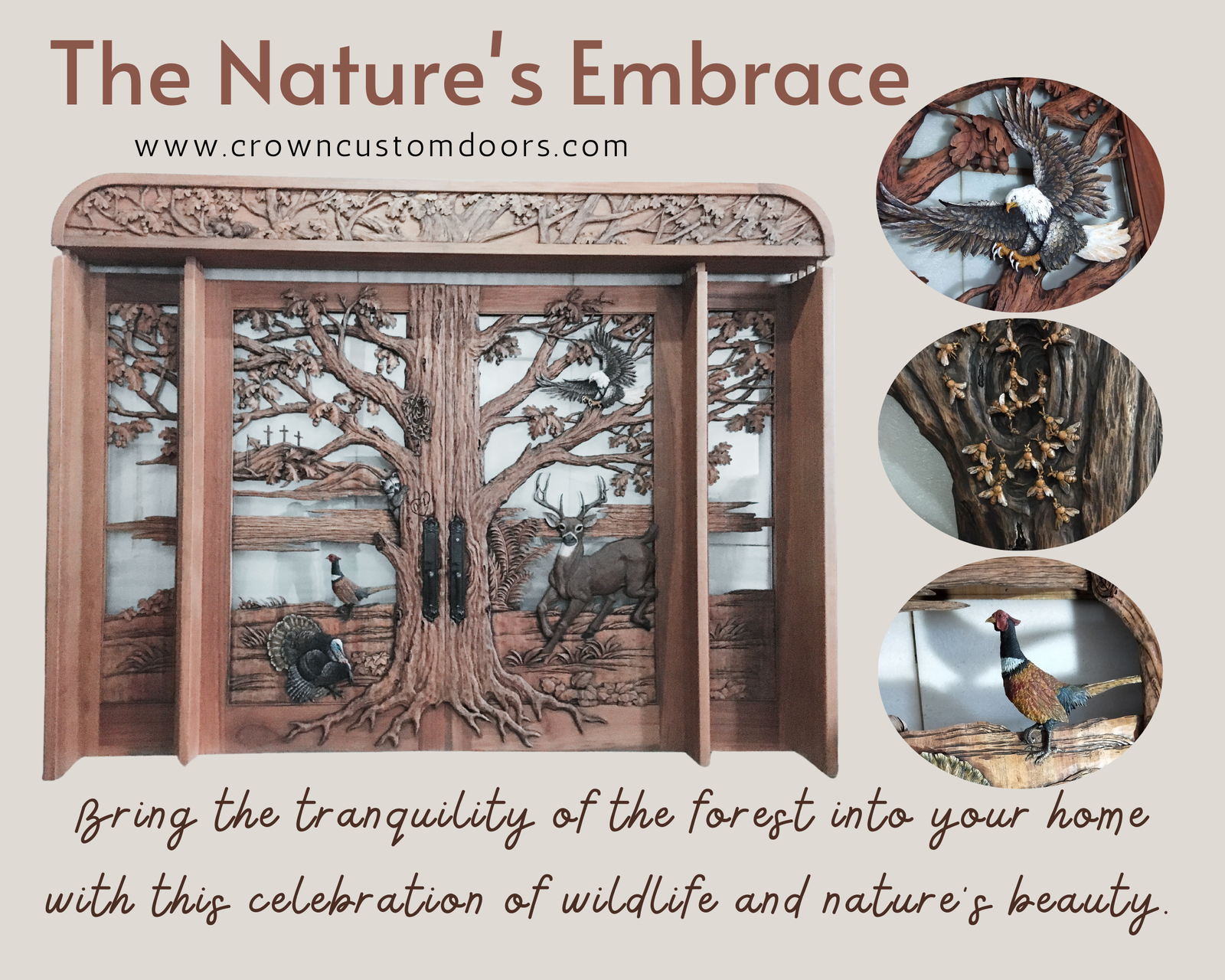 Product display board featuring The Nature's Embrace solid wood double entry doors with matching sidelights and header, carved with a woodland tree scene, deer, wild turkey, pheasant, and soaring eagle, alongside close-ups of the eagle, bees, and pheasant details.