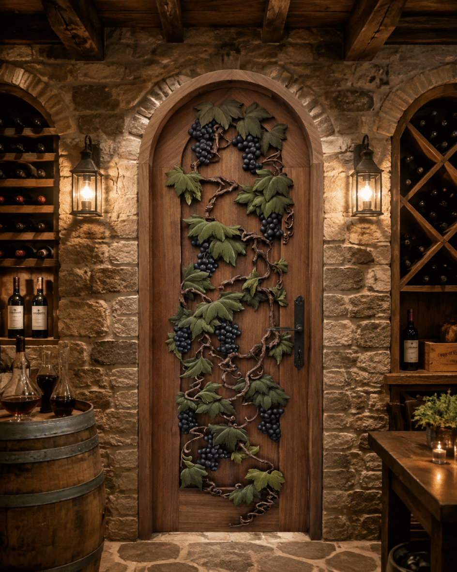 Arched solid wood wine cellar door with 3D hand-carved and hand-painted grapevine leaves and purple grape clusters, set within a rustic stone wall and wooden beam cellar.