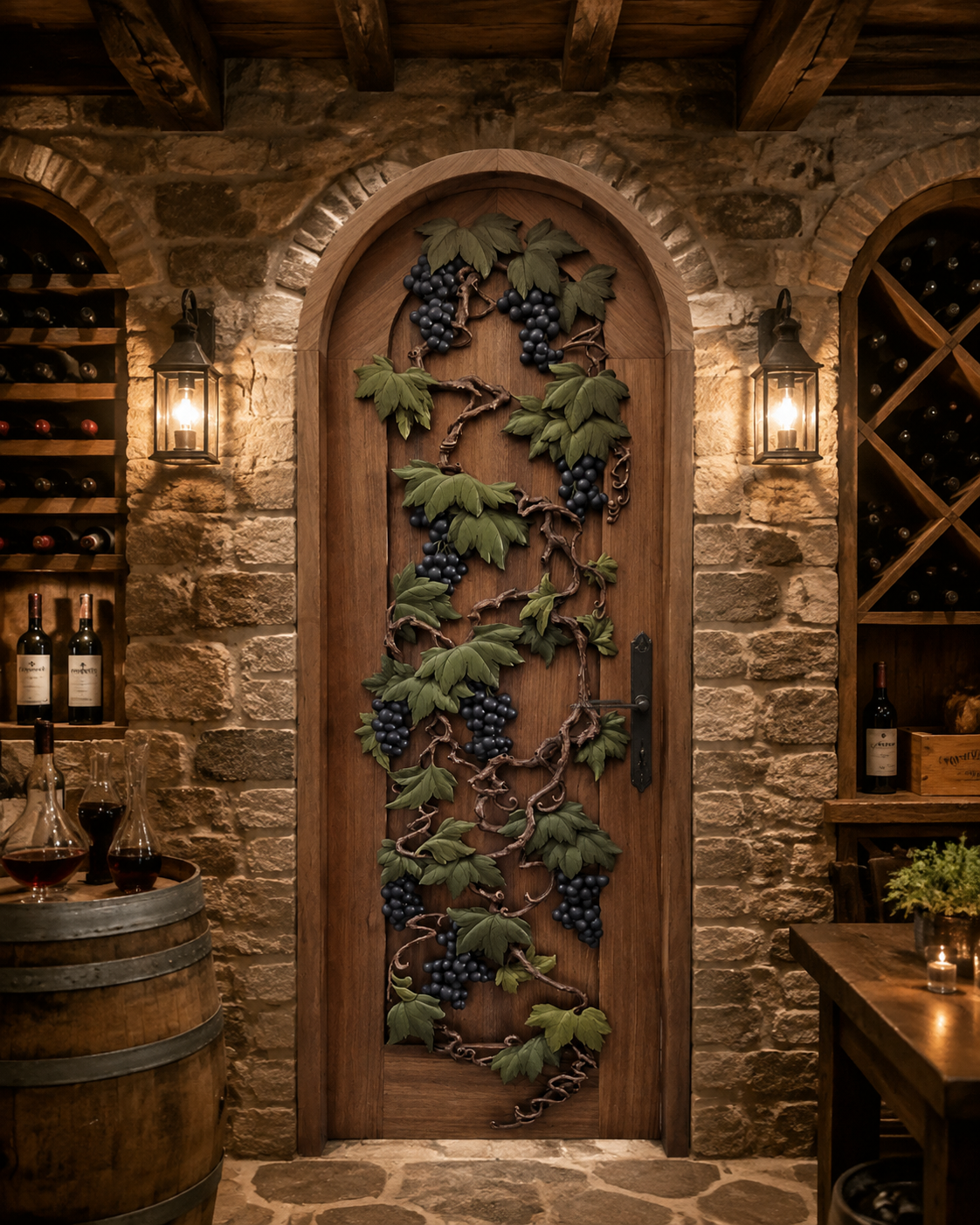 Arched solid wood wine cellar door with 3D hand-carved and hand-painted grapevine leaves and purple grape clusters, set within a rustic stone wall and wooden beam cellar.