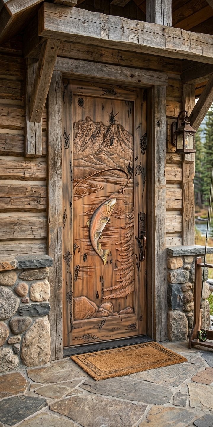 Crown Custom Doors hand-carved solid wood entry door with leaping trout and mountain scenery framed by reclaimed timber and stone on a rustic log cabin.