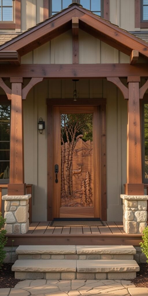 Installed Scenic Mountain Lake hand-carved solid wood front door featuring high-relief aspen trees with squirrels, deer by mountain lake, pine trees and peaks; shown on a craftsman-style porch with wood beams, stone pillars and steps by Crown Custom Doors