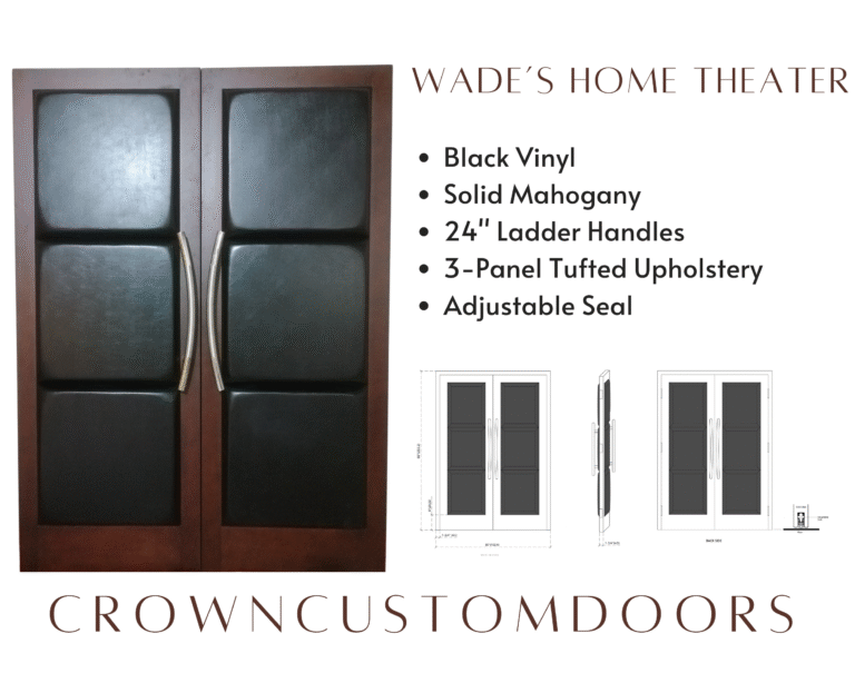 Product showcase of custom solid mahogany soundproof double doors featuring three black vinyl padded acoustic panels per leaf, 24-inch curved metal ladder handles, and architectural CAD blueprint specifications.