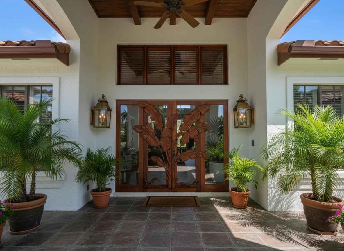 Crown Custom Doors handcrafted solid wood double entry doors with tropical banana leaf and monkey relief carvings under a covered loggia on a Spanish Colonial Revival home.