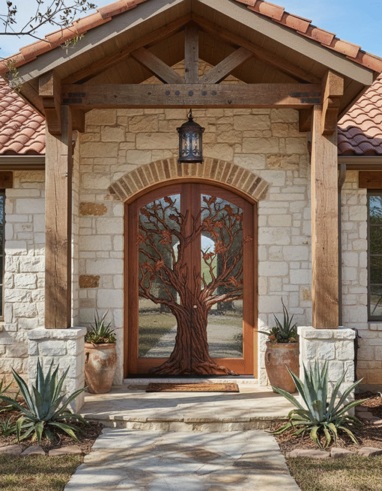 Arched solid wood double entry door featuring a hand-carved oak tree sculpture installed on a Texas Hill Country limestone ranch home with rustic timber posts and clay tile roof.