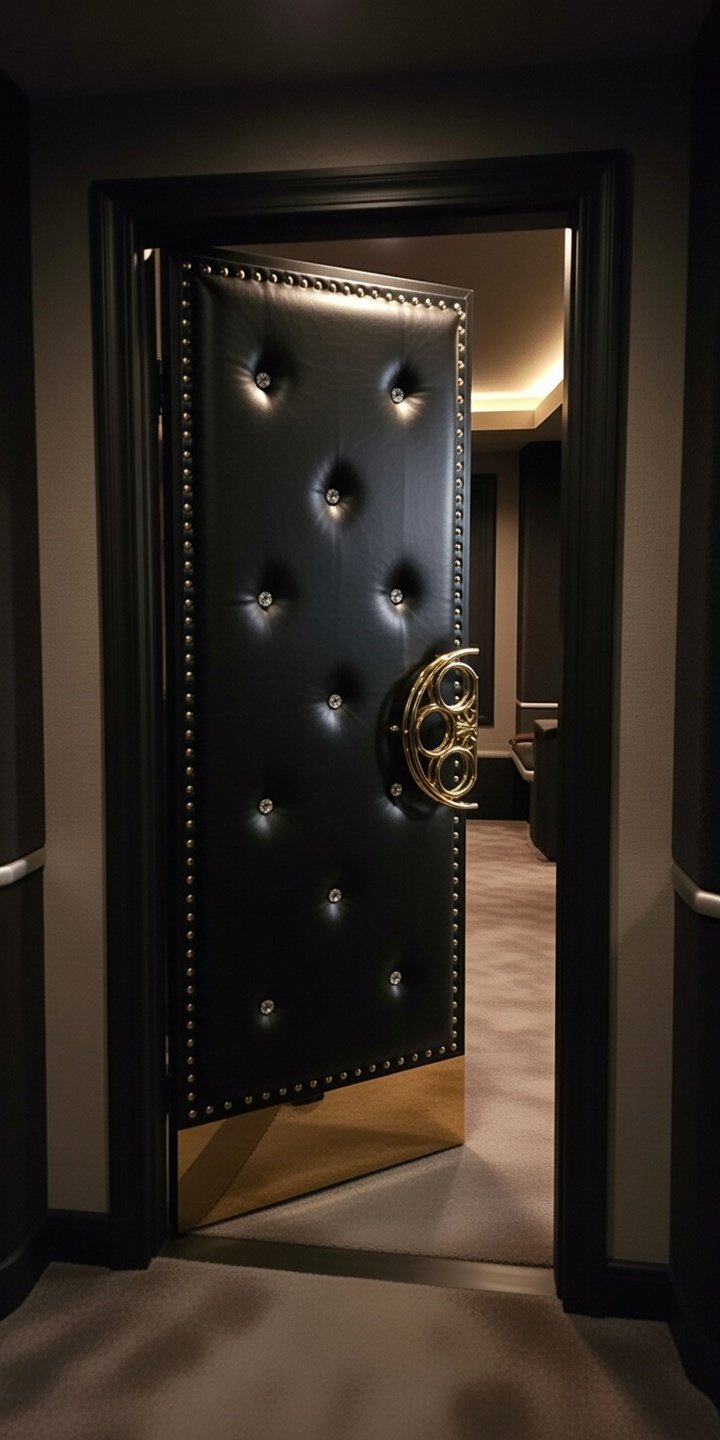A slightly open custom home theater door by Crown Custom Doors set within a dark door frame. The door is upholstered in deep-button tufted black leather, accented with crystal diamond buttons, gold nailhead trim along the edges, an artistic brass film reel pull handle, and a polished brass kick plate at the bottom leading into a home media room.
